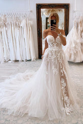 Champagne Tulle Wedding Dress Off-the-Shoulder With Appliques